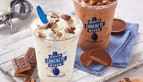 Two concrete mixers at Culver's on a table